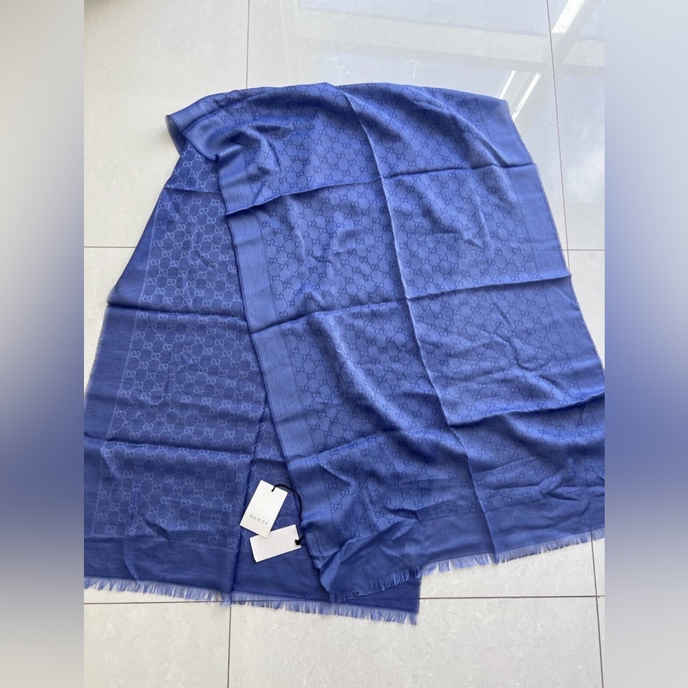 GUCCI Cotton Monogram Fringe Scarf Periwinkle Blue NEW